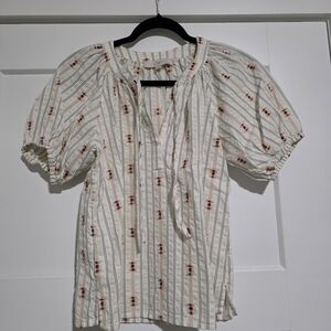 LOFT Cream Striped Blouse with Puff Sleeves and Tie Neck